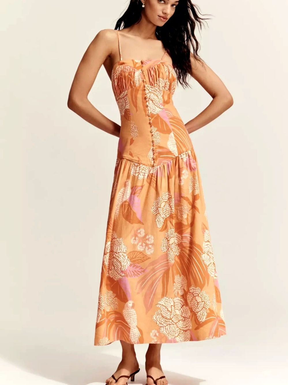 FARM Rio Orange Floral Button-Front Maxi Dress with Pink & White Print